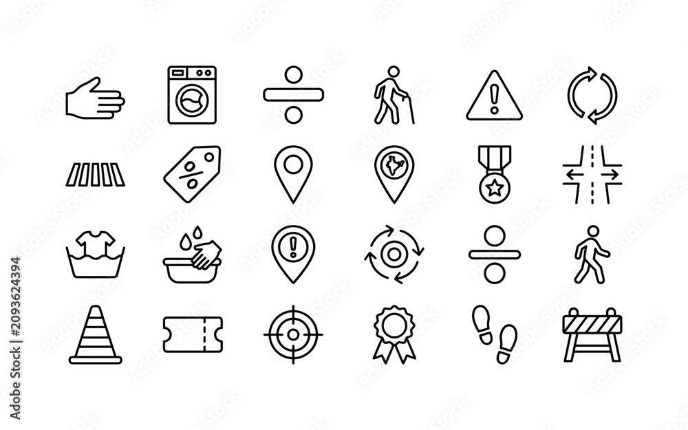 Fototapeta premium Hazard Math Signs. Line icon set of washing, hazard, math, and public signs: hand sign, washing machine sign, divide sign, walker sign, hazard triangle sign, circular arrow sign, crosswalk sign,