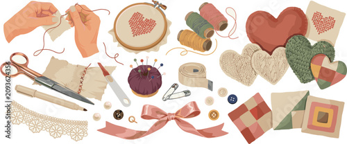 Photos Handmade sewing and embroidery craft vector elements set featuring hands stitchi