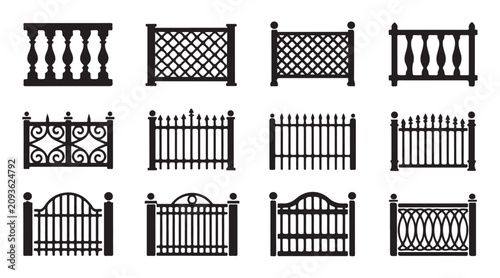 Obraz na płótnie Set of wrought iron fence and gate silhouettes vector illustration isolated on transparent background