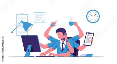 Multitasking male employee with many arms working on a computer and answering phone in his busy office.