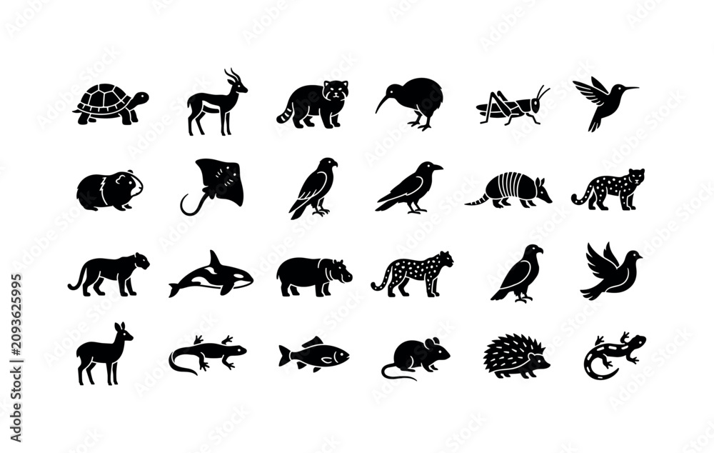 Fototapeta premium Wild Meadow Creatures. Solid glyph icon set of animals: tortoise, gazelle, pallas cat, kiwi bird, grasshopper, hummingbird, guinea pig, stingray, hawk, raven, armadillo, snow leopard, jaguar, killer