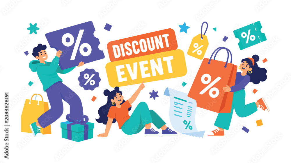 Fototapeta premium Discount Event wide panoramic website header banner with 2 expressive stylized event shoppers holding oversized percent stage card and giant shopping bag stretched edge to edge, with coupon ticket,