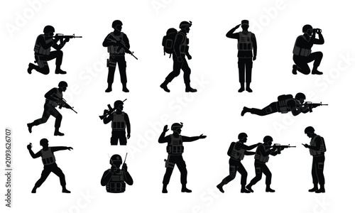 Tableau sur toile Military soldiers silhouette collection tactical operations and combat scenarios
