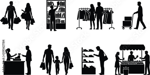 Tableau sur toile Set of black shopping silhouettes including customers retail clothes rack shoe d