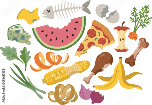Cuadro en lienzo Organic food waste vector set with compost leftovers banana peel apple core fish