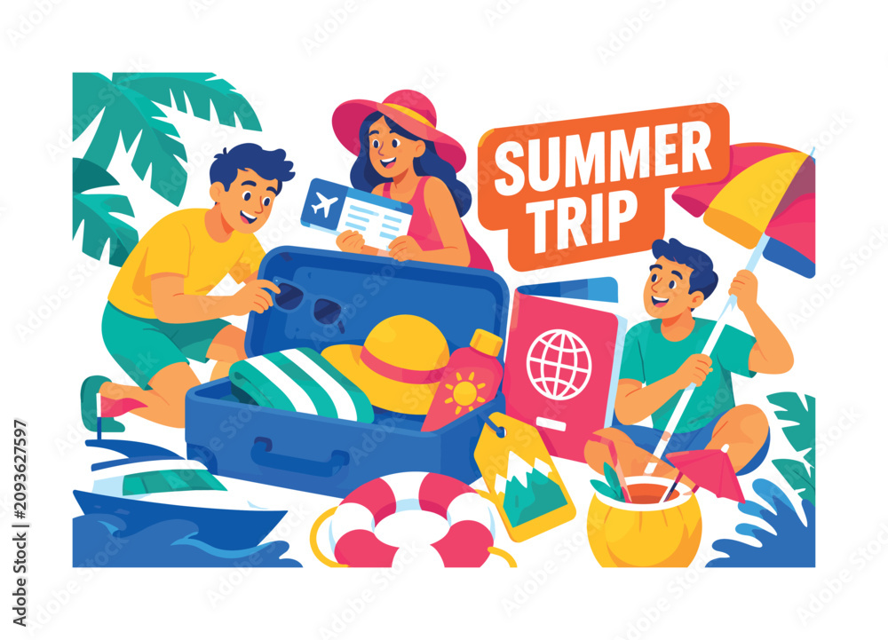 Obraz premium Summer Travel Web banner illustration, travel planning beach scene with oversized suitcase and passport, 3 expressive stylized human characters packing sunglasses, plane ticket, and beach umbrella,