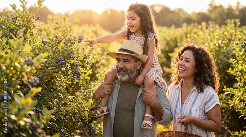 A Hispanic family enjoys blueberry picking as a toddler rides on her father's shoulders and points excitedly for lifestyle stock imagery