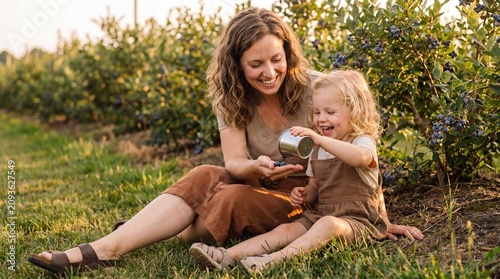 A mother and daughter laugh while pouring blueberries into cupped hands during golden hour on a farm for lifestyle stock content