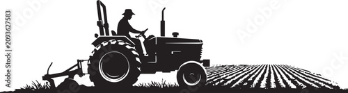 Bild auf Leinwand Farmer Driving Tractor Plowing Field Silhouette Vector Illustration