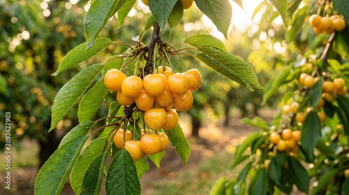 Close-up of vibrant ripe yellow cherries hanging in bountiful clusters on green leafy branches in a sun-drenched orchard, ready for harvest, capturing the essence of a fruitful summer season