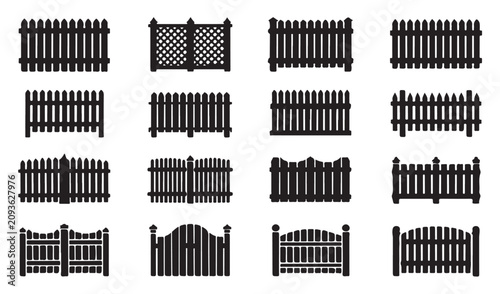 Photos Different types of wooden fence silhouettes for garden landscaping and boundary protection