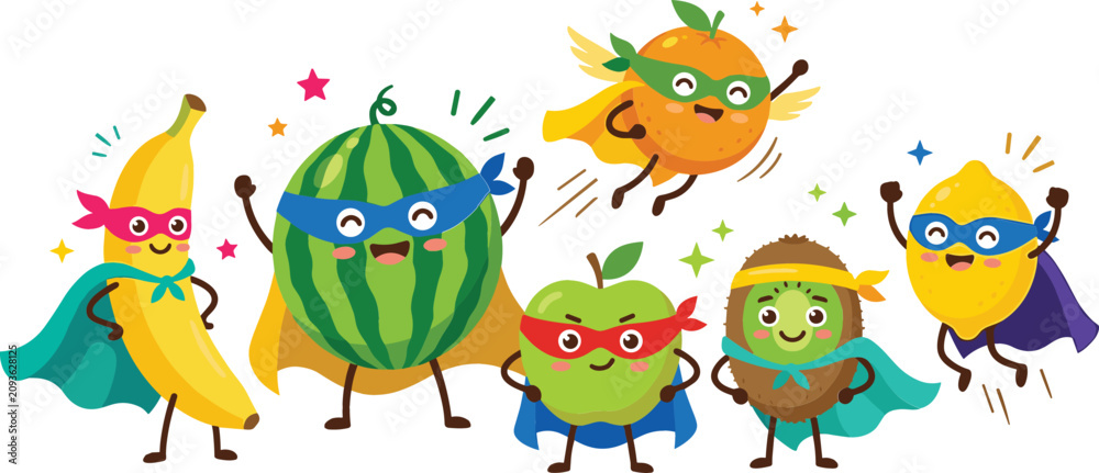 Obraz premium Cute superhero fruits vector set with funny cartoon characters banana watermelon orange apple kiwi and lemon wearing capes and masks