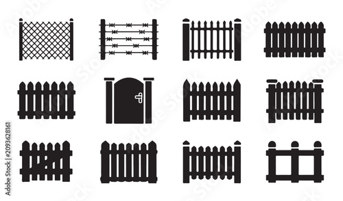Foto Set of fence and gate silhouette icons including barbed wire and chain link security mesh