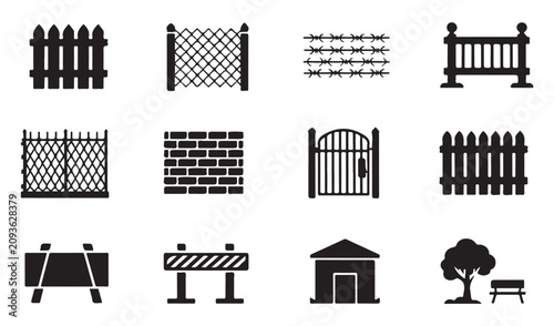 Bild auf Leinwand Fence and barrier icons set featuring brick wall and construction safety traffic bollards