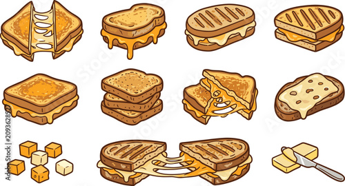 Fotografia Grilled cheese sandwich vector illustration collection featuring toasted panini