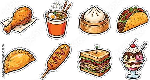 Fotografie Delicious street food and fast food stickers vector collection featuring fried c