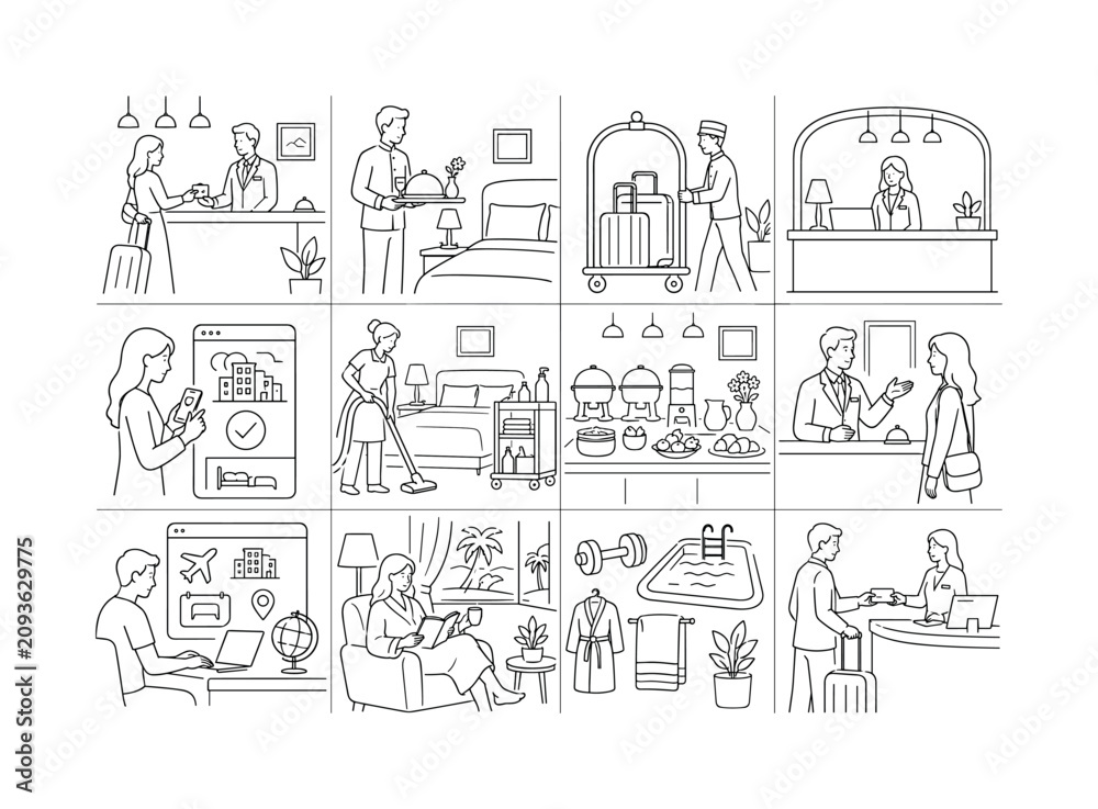 Obraz premium Hospitality Outline Icons. Hospitality Outline Icons collection of 12 scenes: hotel check-in, room service, luggage handling, reception desk, booking confirmation, cleaning service, breakfast buffet,