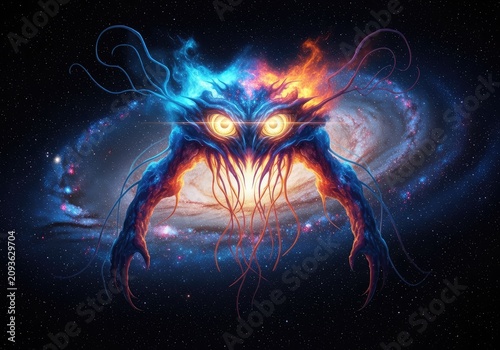 A colossal nebulous beast with glowing tentacles drifts through a vibrant galaxy, its massive bioluminescent eyes watching from the void, space, darkness, cosmic