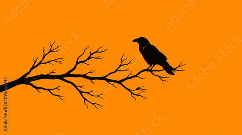 Foto Retro Halftone Black Raven Silhouette on Orange Halloween Background