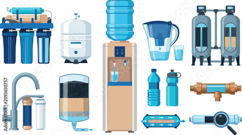 Canvastavla Water purification and filtration system vector set with reverse osmosis cooler