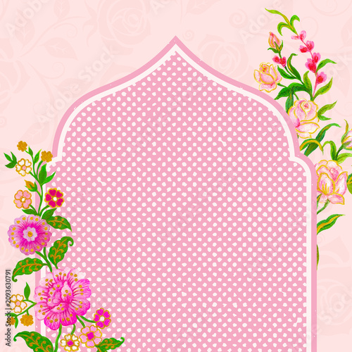 Floral arch frame template with garden flower border, botanical illustration for invitation card, chinoiserie style