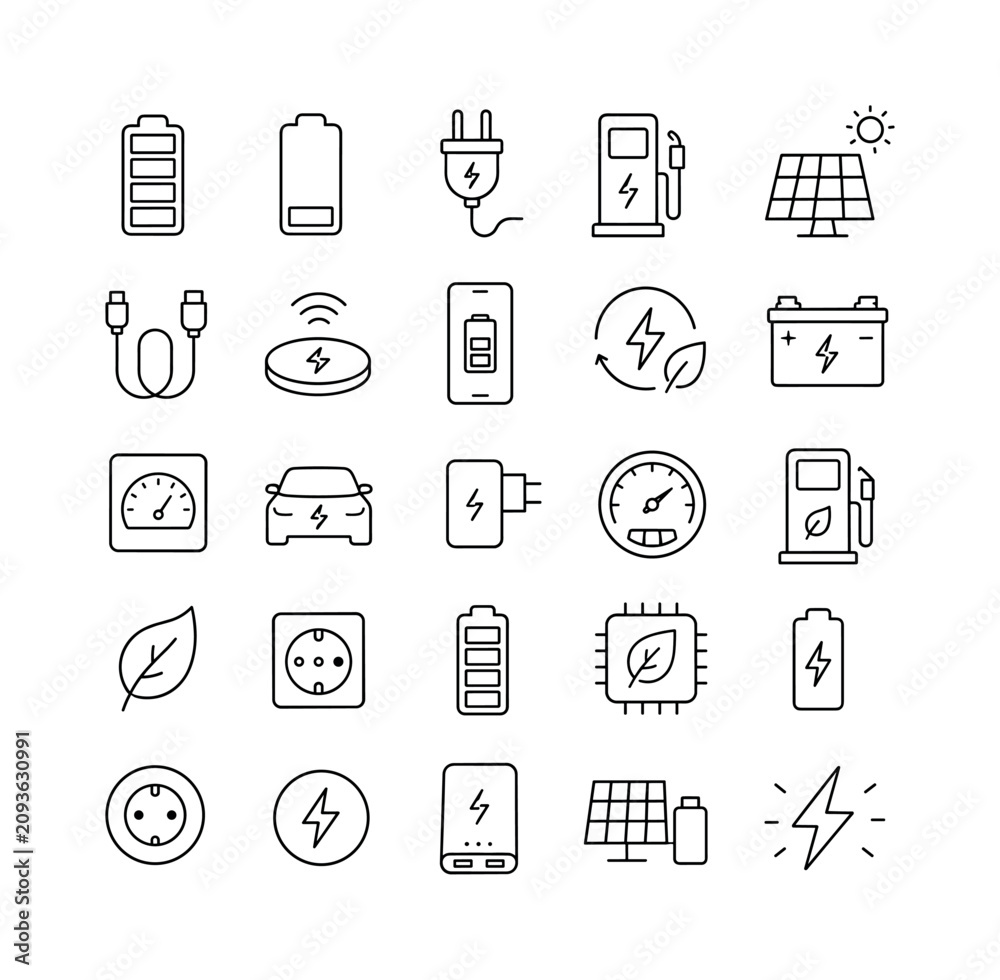 Fototapeta premium Charging Power Energy, line icon set with 25 clean outline icons related to charging: battery full, battery low, lightning plug, EV charging station, solar panel, power cable, wireless charging pad,