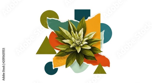 A vintage retro cutout collage featuring botanical floral elements, abstract geometric shapes, torn paper textures, and muted earth tones, aged, grunge, craft