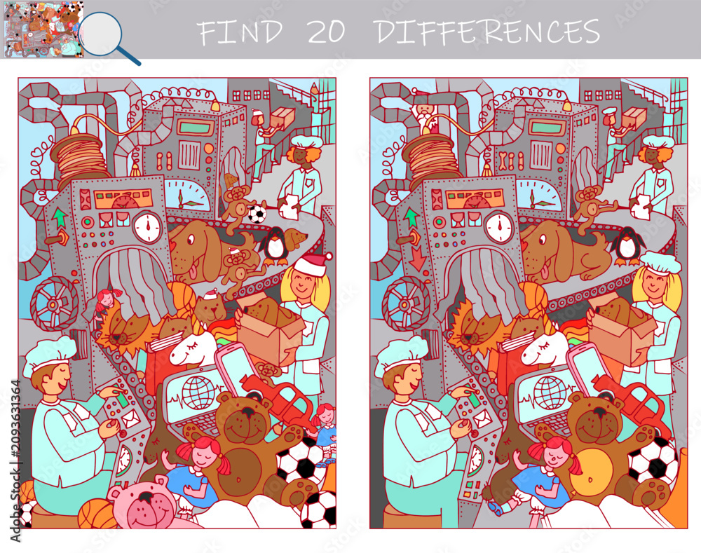 Fototapeta premium Find the differences game. Toy factory. Conveyor. Puzzle game for kids. Waiting for Christmas. Sketch vector illustration.