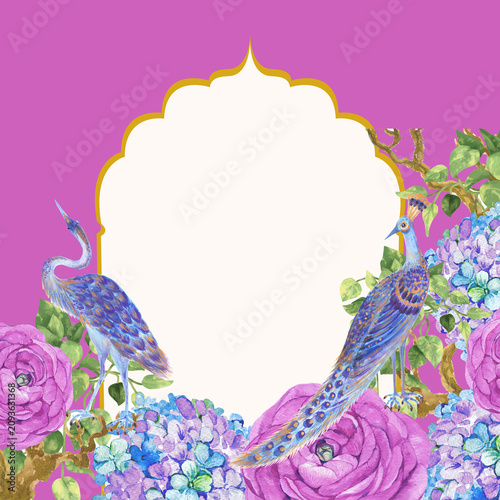 Save the date wedding invitation template with peacock and floral frame, Indian chinoiserie garden flower border, elegant scalloped card design