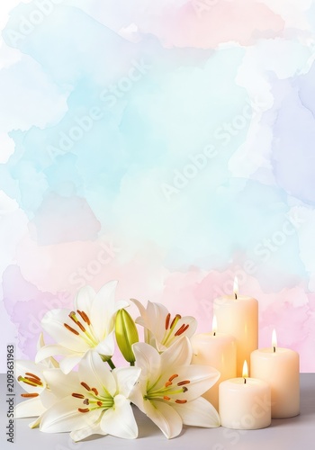 Elegant memorial announcement template featuring soft white lilies, glowing pillar candles, and a tranquil pastel watercolor background, modern, serene, celebration of life