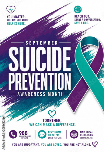 Suicide prevention awareness month purple and teal ribbon poster with supportive messages and crisis hotline information