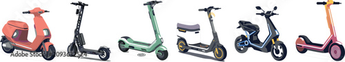 Foto Modern electric kick scooter and moped line set featuring diverse urban commuter