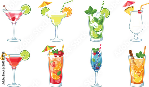 Set of colorful summer alcoholic cocktails icons collection including martini margarita mojito pina colada and fruit sangria isolated on white background