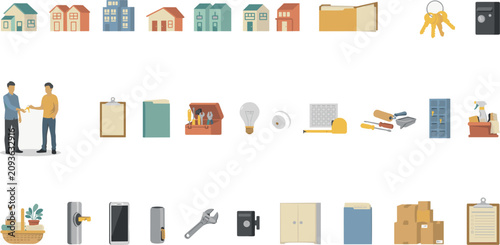 Real estate deal and home improvement flat vector icon set with house models keys handshake clipboard folders tools toolbox moving boxes and renovation elements