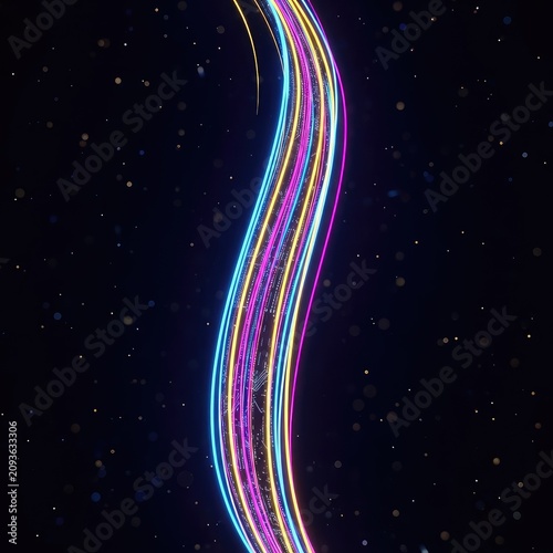 Vivid neon light trails surge through a dark digital void, creating a glowing path of information exchange and high-speed global connectivity, futuristic, digital, stream