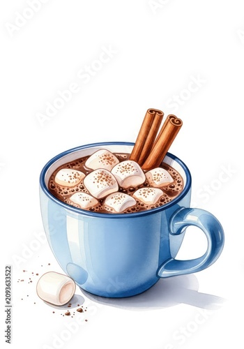 A delicate watercolor painting of a steaming mug of cocoa topped with fluffy marshmallows and cinnamon sticks in a blue cup for Christmas, beverage, food, holiday