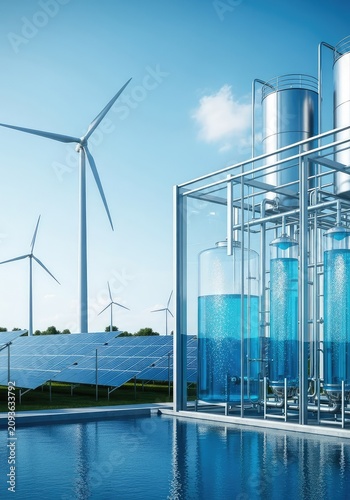 A high-tech facility using solar energy and wind power to produce green hydrogen through water electrolysis for sustainable clean energy, electricity, solar, production