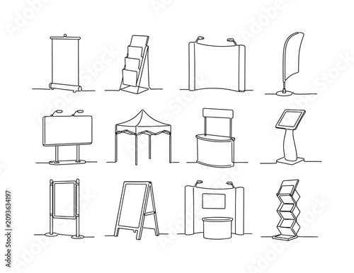Exhibition Display Stands one-line drawing set, 12 minimal continuous single-line icons showing roll-up banner, brochure holder, pop-up board, bow flag, billboard stand, folding marquee, trade