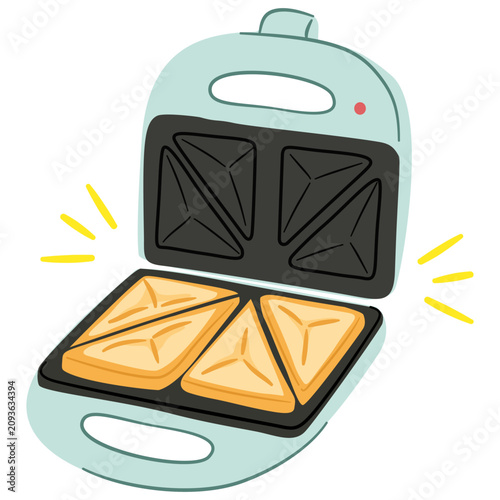 Cute flat illustration of an electric sandwich maker preparing toasted bread. Great for breakfast, appliance, kitchen, snack, and cooking concepts.