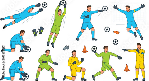 Foto Professional soccer goalkeeper character set performing various actions diving c