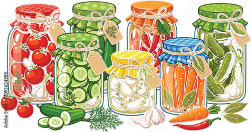 Assortment of homemade pickled vegetables in glass jars with paper tags including canned tomatoes cucumbers carrots and garlic isolated on white background