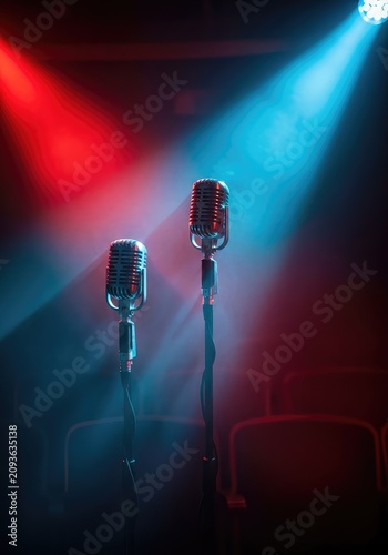 Antique microphones on stands glow under red and blue spotlights in a hazy, smoky theater setting, evoking a timeless and dramatic feeling, jazz, neon, atmosphere
