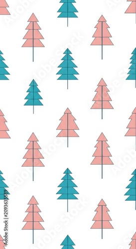 Elegant seamless wallpaper featuring minimalist geometric trees arranged in a rhythmic pattern with soft pastel hues of pink and teal blue, blue, wrapping, clean