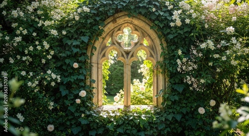 Enchanted stone arch window surrounded by delicate white blossoms and deep green ivy, illuminated by soft sunlight in a mystical garden, landscape, flowers, lush