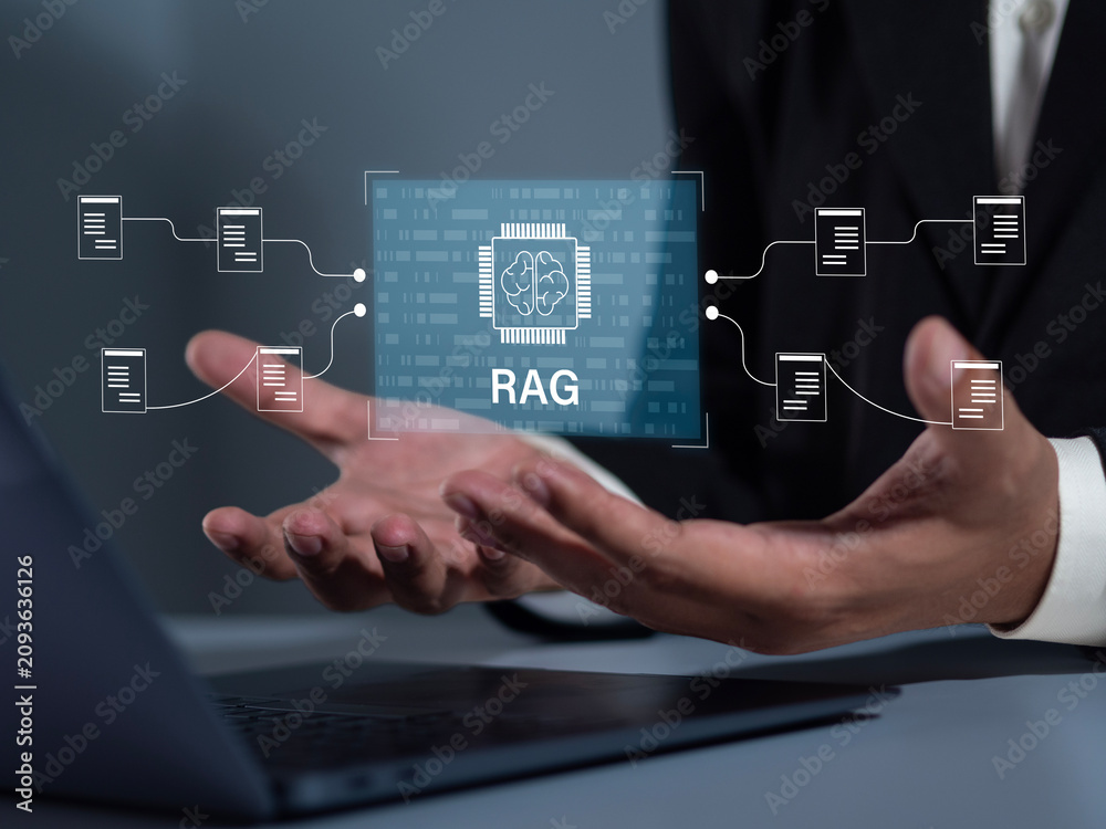Fototapeta premium The concept of augmented data generation using Requestment-Augmented Generation (RAG) involves extracting organizational knowledge, analyzing documents with AI, and intelligently summarizing data.