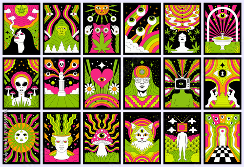 Foto Psychedelic Surreal Poster Collection with Groovy Cosmic Eyes and Retro Pop Art