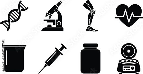 Foto Medical and Biotechnology Silhouette Icon Set with DNA Microscope Prosthetic and