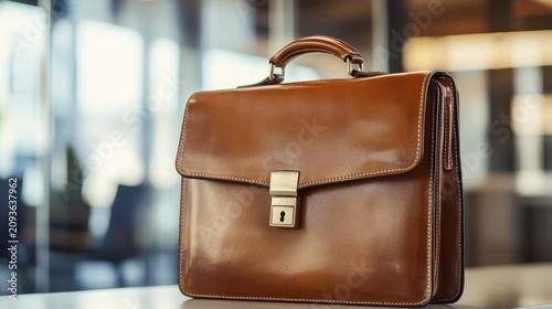 Premium classic leather briefcase standing on a desk inside a modern blurred corporate office background