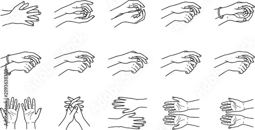 Photos Hand washing technique line art icons set showing proper hand hygiene steps for