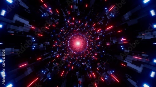 Glowing red particles in the blue light cyber tunnel